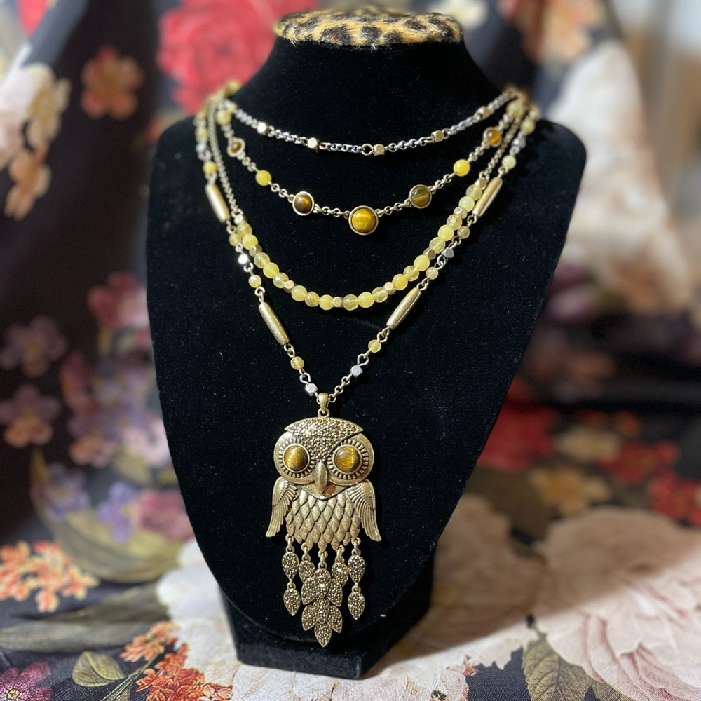 NWT Lucky Brand Layered Owl Necklace Cat Eye Stones